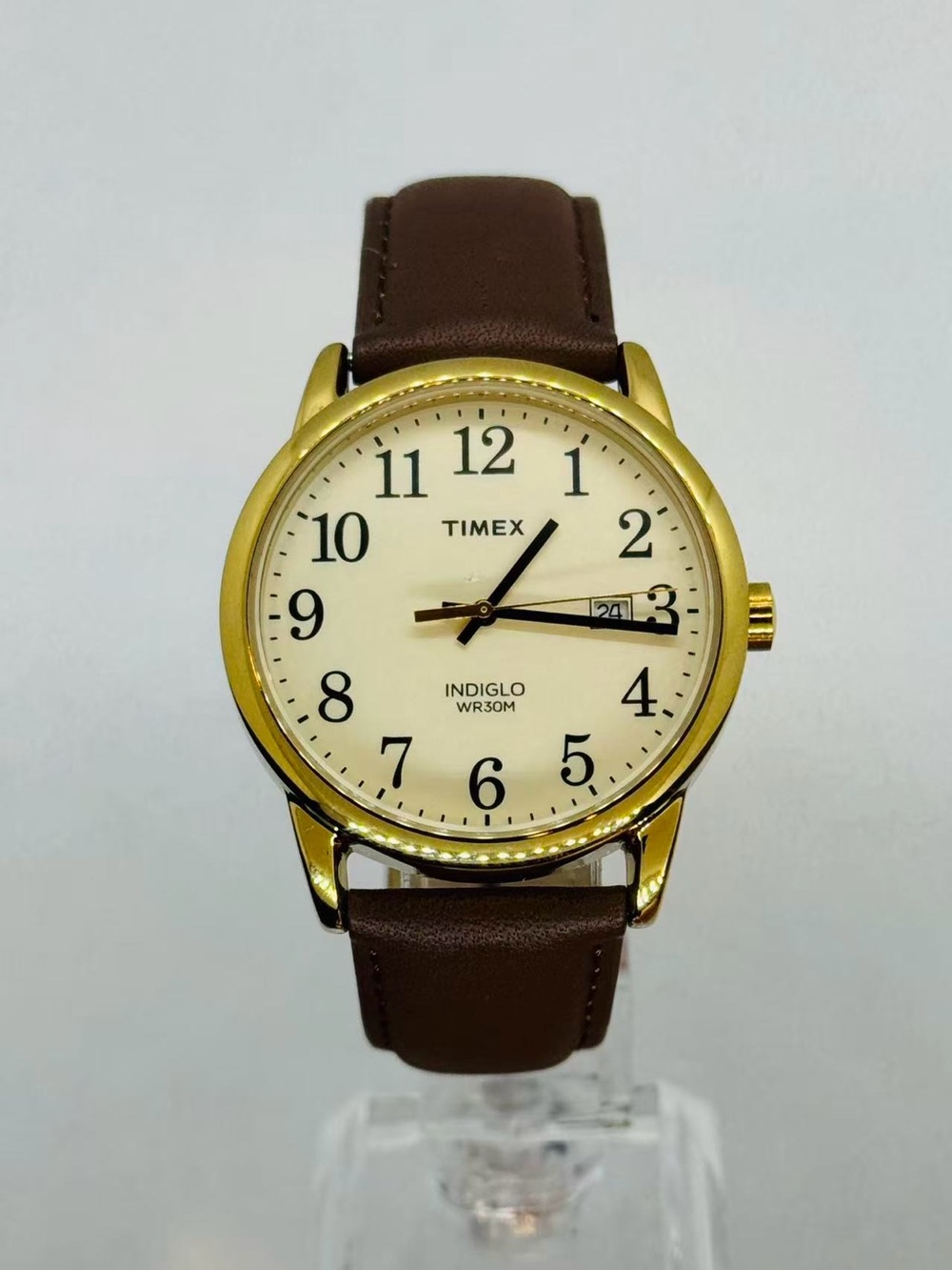 Vintage Timex Men’s Quartz Watch Leather Strap Date 36mm New Battery Runs